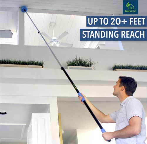 EVERSPROUT 5-to-12 Foot Cobweb Duster and Extension-Pole Combo (20 Ft Reach, Medium-Stiff Bristles), Hand-Packaged, Lightweight, 3-Stage Aluminum Pole, Indoor & Outdoor Use Spider Web Brush with Pole