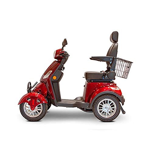 EWheels EW-46 4-Wheel 3-Speed Lightweight Travel Electric Battery-Powered Medical Mobility Scooter with Adjustable Seat and Rear Basket, Red