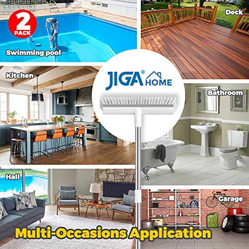 JIGA 2 Pack Floor Scrub Brush with Long Handle, 2 in 1 Scrape Brush Stiff Bristle Brush Scrubber, Cleaning Brush for Deck, Bathroom, Tub, Tile, Grout, Kitchen Floor, Patio, Garages, Gray
