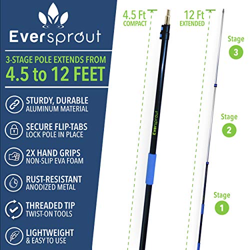 EVERSPROUT 5-to-12 Foot Cobweb Duster and Extension-Pole Combo (20 Ft Reach, Medium-Stiff Bristles), Hand-Packaged, Lightweight, 3-Stage Aluminum Pole, Indoor & Outdoor Use Spider Web Brush with Pole