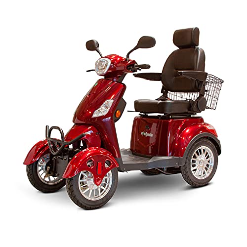 EWheels EW-46 4-Wheel 3-Speed Lightweight Travel Electric Battery-Powered Medical Mobility Scooter with Adjustable Seat and Rear Basket, Red