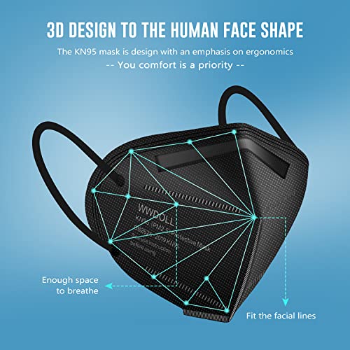 KN95 Face Mask 50 Pack, WWDOLL KN95 Masks 5-Layer Breathable Mask with Elastic Earloop and Nose Bridge Clip, Dispoasable Respirator Protection Against PM2.5 Black