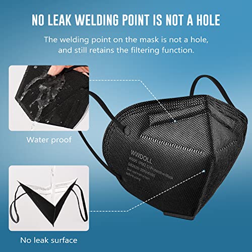 KN95 Face Mask 50 Pack, WWDOLL KN95 Masks 5-Layer Breathable Mask with Elastic Earloop and Nose Bridge Clip, Dispoasable Respirator Protection Against PM2.5 Black