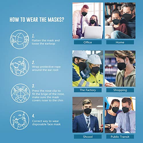 KN95 Face Mask 50 Pack, WWDOLL KN95 Masks 5-Layer Breathable Mask with Elastic Earloop and Nose Bridge Clip, Dispoasable Respirator Protection Against PM2.5 Black