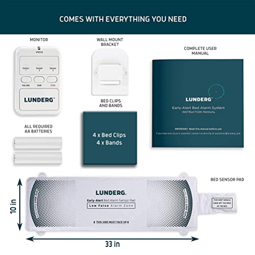 Lunderg Early Alert Bed Alarm System - Wireless Bed Sensor Pad & Pager - Elderly Monitoring Kit with Pre-Alert Smart Technology - Bed Alarms and Fall Prevention for Elderly and Dementia Patients