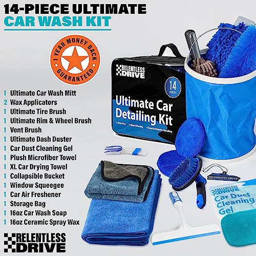 Relentless Drive Ultimate Car Wash Kit (14 Pcs) Car Detailing & Car Cleaning Kit - Car Wash Supplies Built for The Perfect Car Wash - Complete Car Wash Kit with Bucket