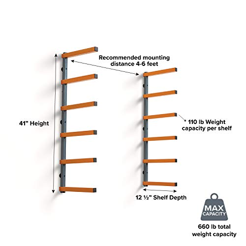 Bora Wood Organizer and Lumber Storage Metal Rack with 6-Level Wall Mount â Indoor and Outdoor Use, In Orange | PBR-001
