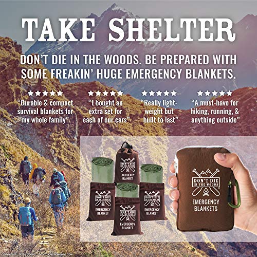Don't Die In The Woods - Freakinâ Huge Emergency Blankets [4-Pack] Extra-Large Thermal Mylar Space Blankets with Ripstop Nylon Stuff Sacks + Carabiner Zipper Pack [Army Green]