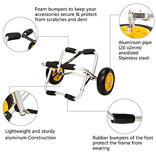 Bonnlo Universal Kayak Carrier - Trolley for Carrying Kayaks, Canoes, Paddleboards, Float Mats, and Jon Boats - Inflation-Free Solid Tires Wheel 2 Ratchet Straps