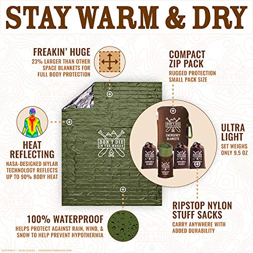 Don't Die In The Woods - Freakinâ Huge Emergency Blankets [4-Pack] Extra-Large Thermal Mylar Space Blankets with Ripstop Nylon Stuff Sacks + Carabiner Zipper Pack [Army Green]