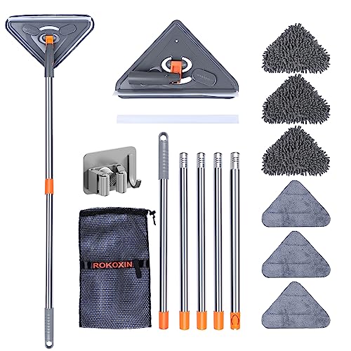 85 Inch Wall Cleaner Mop with Long Handle - ROKOXIN Baseboard Cleaner Tool Duster for Wall Washer Cleaning Ceiling Window Floor, with Extension Pole 39" to 85", 6 Replacement Microfiber Chenille Pads
