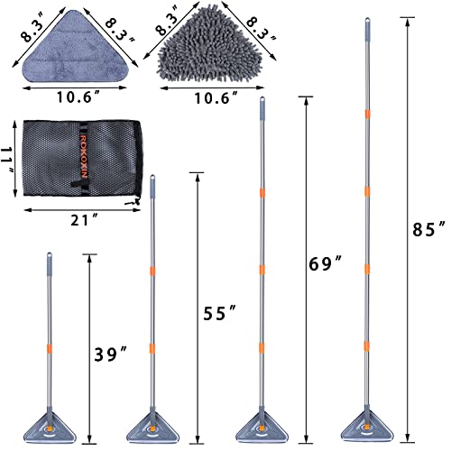 85 Inch Wall Cleaner Mop with Long Handle - ROKOXIN Baseboard Cleaner Tool Duster for Wall Washer Cleaning Ceiling Window Floor, with Extension Pole 39" to 85", 6 Replacement Microfiber Chenille Pads