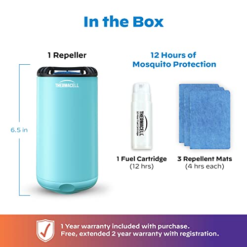 Thermacell Patio Shield Mosquito Repeller, Blue; Highly Effective Mosquito Repellent for Patio; No Candles or Flames, DEET-Free, Scent-Free, Bug Spray Alternative; Includes 12-Hour Refill