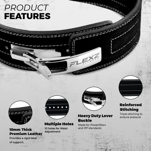 Flexz Fitness Lever Weight Lifting Leather Belt - 10mm Powerlifting Gym Belts for Men & Women - Lower Back Support for Weightlifting Deadlifts Squats