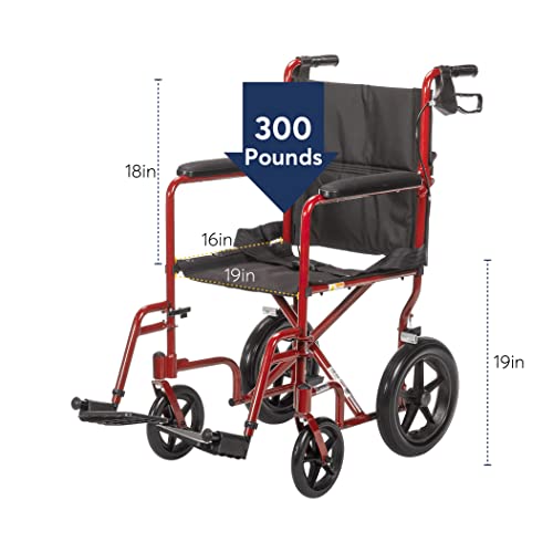 Drive Medical EXP19LTRD Lightweight Expedition Folding Transport Wheelchair with Hand Brakes, Red