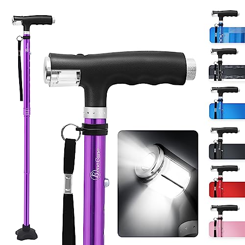 BeneCane Walking Cane for Women Folding Cane for Men with Two Led Lights Quad Cane with Stable Base LightweightÂ and Adjustable Walking Stick. (Purple)