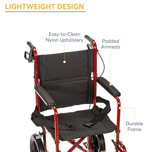 Drive Medical EXP19LTRD Lightweight Expedition Folding Transport Wheelchair with Hand Brakes, Red