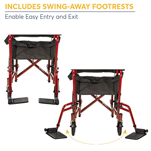 Drive Medical EXP19LTRD Lightweight Expedition Folding Transport Wheelchair with Hand Brakes, Red