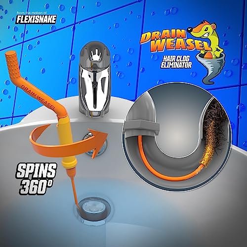 FlexiSnake Drain Weasel Sink Snake Cleaner - 18 inch - Drain Hair Clog Remover Tool with Rotating Handle & 5 Wand Refills - Thin, Flexible, Easy to Use on Most Drains & Grates - Made in USA (5-Pack)