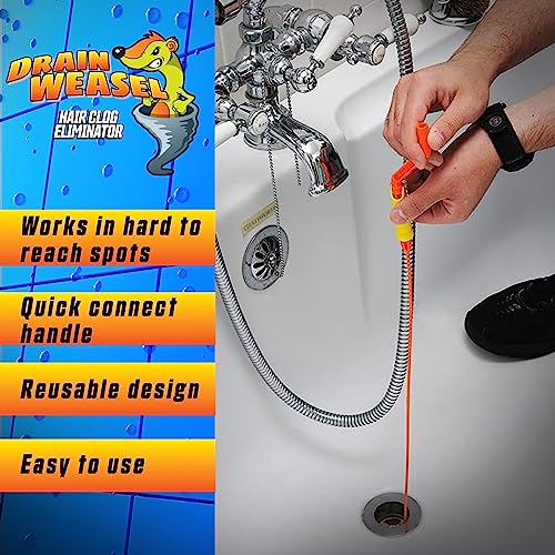 FlexiSnake Drain Weasel Sink Snake Cleaner - 18 inch - Drain Hair Clog Remover Tool with Rotating Handle & 5 Wand Refills - Thin, Flexible, Easy to Use on Most Drains & Grates - Made in USA (5-Pack)