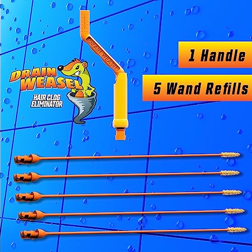 FlexiSnake Drain Weasel Sink Snake Cleaner - 18 inch - Drain Hair Clog Remover Tool with Rotating Handle & 5 Wand Refills - Thin, Flexible, Easy to Use on Most Drains & Grates - Made in USA (5-Pack)
