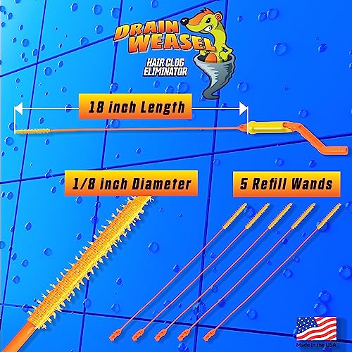 FlexiSnake Drain Weasel Sink Snake Cleaner - 18 inch - Drain Hair Clog Remover Tool with Rotating Handle & 5 Wand Refills - Thin, Flexible, Easy to Use on Most Drains & Grates - Made in USA (5-Pack)