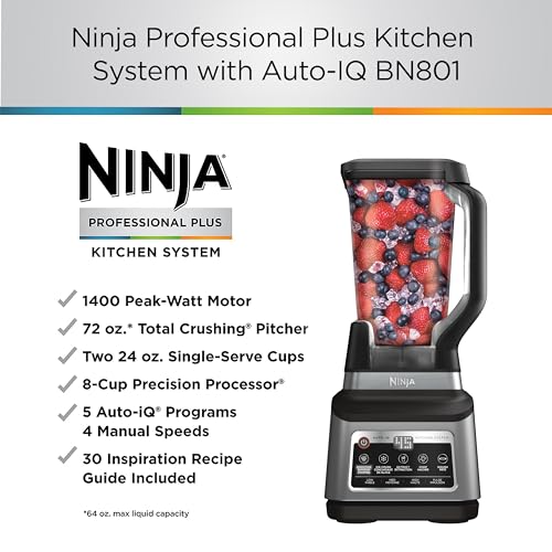 Ninja BN801 Professional Plus Kitchen System, 1400 WP, 5 Functions for Smoothies, Chopping, Dough & More with Auto IQ, 72-oz.* Blender Pitcher, 64-oz. Processor Bowl, (2) 24-oz. To-Go Cups, Grey