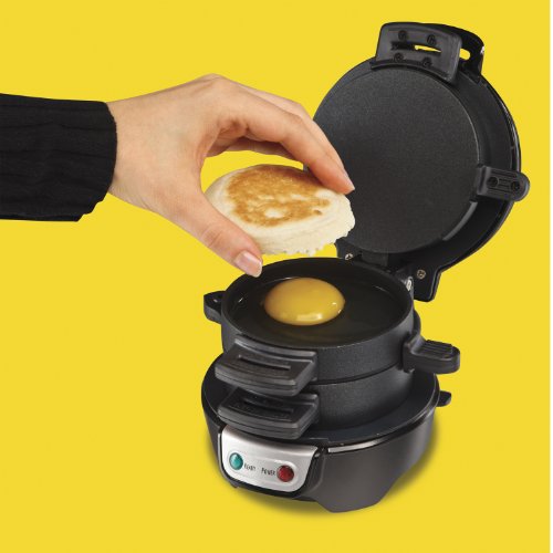 Hamilton Beach Breakfast Sandwich Maker with Egg Cooker Ring, Customize Ingredients, Perfect for English Muffins, Croissants, Mini Waffles, Black
