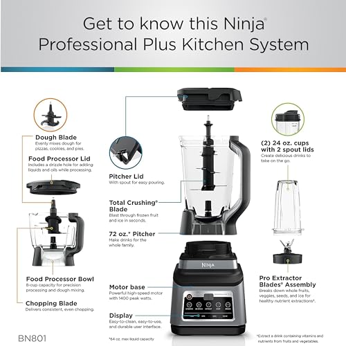 Ninja BN801 Professional Plus Kitchen System, 1400 WP, 5 Functions for Smoothies, Chopping, Dough & More with Auto IQ, 72-oz.* Blender Pitcher, 64-oz. Processor Bowl, (2) 24-oz. To-Go Cups, Grey