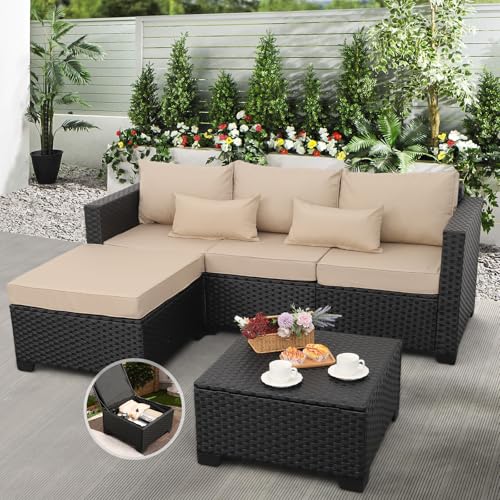 Outdoor PE Wicker Sofa Set 4-Piece 6-Seater Patio Garden Sectional Khaki Cushions Seat Furniture Set, 2 L-Shaped Loveseats and Ottomans, Multi-Purpose Tempered Glass Coffee Table