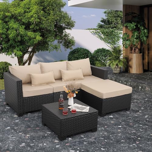 Outdoor PE Wicker Sofa Set 4-Piece 6-Seater Patio Garden Sectional Khaki Cushions Seat Furniture Set, 2 L-Shaped Loveseats and Ottomans, Multi-Purpose Tempered Glass Coffee Table