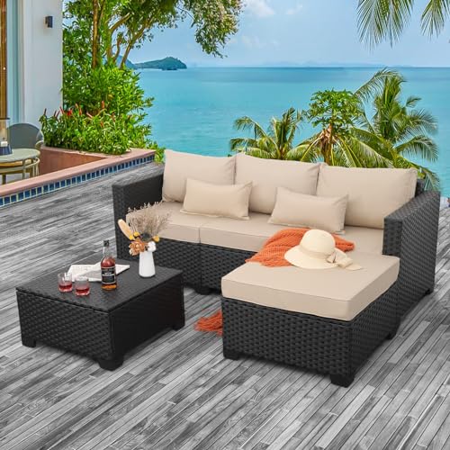Outdoor PE Wicker Sofa Set 4-Piece 6-Seater Patio Garden Sectional Khaki Cushions Seat Furniture Set, 2 L-Shaped Loveseats and Ottomans, Multi-Purpose Tempered Glass Coffee Table