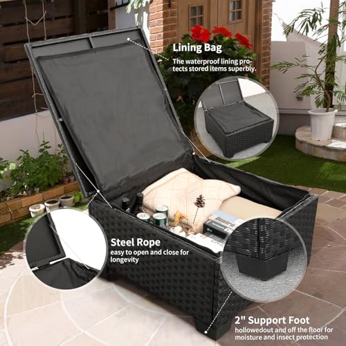 Outdoor PE Wicker Sofa Set 4-Piece 6-Seater Patio Garden Sectional Khaki Cushions Seat Furniture Set, 2 L-Shaped Loveseats and Ottomans, Multi-Purpose Tempered Glass Coffee Table