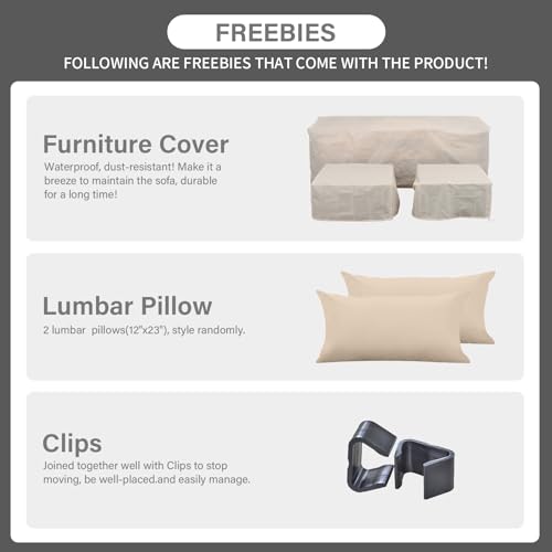 Outdoor PE Wicker Sofa Set 4-Piece 6-Seater Patio Garden Sectional Khaki Cushions Seat Furniture Set, 2 L-Shaped Loveseats and Ottomans, Multi-Purpose Tempered Glass Coffee Table