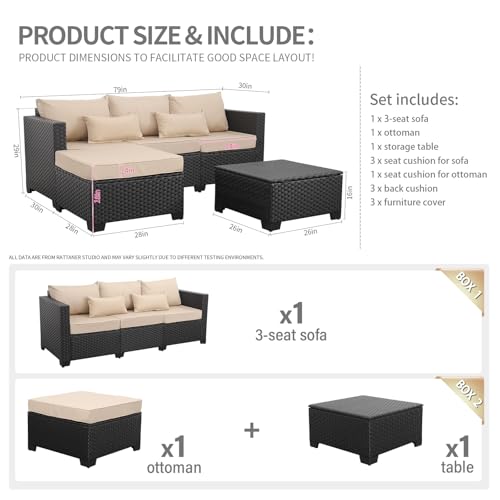 Outdoor PE Wicker Sofa Set 4-Piece 6-Seater Patio Garden Sectional Khaki Cushions Seat Furniture Set, 2 L-Shaped Loveseats and Ottomans, Multi-Purpose Tempered Glass Coffee Table