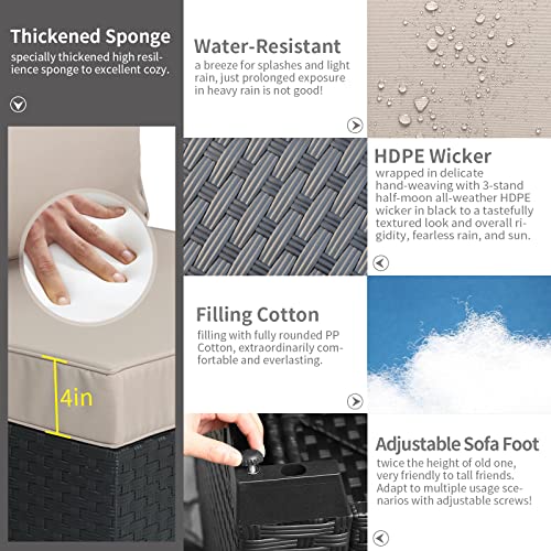 Outdoor PE Wicker Sofa Set 4-Piece 6-Seater Patio Garden Sectional Khaki Cushions Seat Furniture Set, 2 L-Shaped Loveseats and Ottomans, Multi-Purpose Tempered Glass Coffee Table