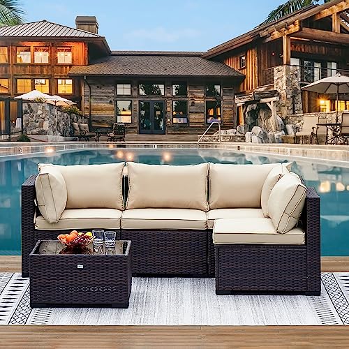 Natural Expressions 5 Piece Wicker Patio Sectional Furniture Sets Outdoor Sofa Rattan Couch,All Weather Conversation Set with Tempered Glass Coffee Table and Cushions,Deck, Poolside,Backyard Porch