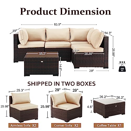 Natural Expressions 5 Piece Wicker Patio Sectional Furniture Sets Outdoor Sofa Rattan Couch,All Weather Conversation Set with Tempered Glass Coffee Table and Cushions,Deck, Poolside,Backyard Porch