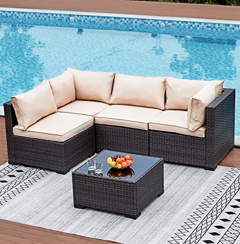 Natural Expressions 5 Piece Wicker Patio Sectional Furniture Sets Outdoor Sofa Rattan Couch,All Weather Conversation Set with Tempered Glass Coffee Table and Cushions,Deck, Poolside,Backyard Porch
