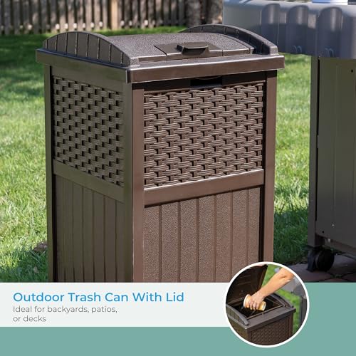 Suncast 33 Gallon Hideaway Can Resin Outdoor Trash with Lid Use in Backyard, Deck, or Patio, 33-Gallon, Brown