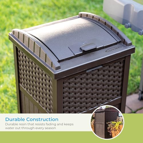 Suncast 33 Gallon Hideaway Can Resin Outdoor Trash with Lid Use in Backyard, Deck, or Patio, 33-Gallon, Brown