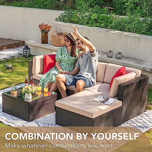 Devoko 5 Pieces Patio Furniture Sets All Weather Outdoor Sectional Sofa Manual Weaving Wicker Rattan Patio Conversation Set with Cushion and Glass Table (Beige)
