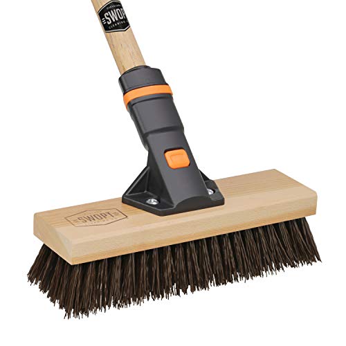 SWOPT 10â Premium Rough Surface Scrub Brush + 60" EVA Foam Comfort Grip Wooden Handle, Combo â Stiff Bristle Cleaning Brush with Interchangeable Long Handle â Clean Outdoor Surfaces Comfortably