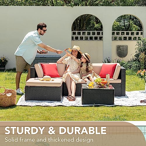 Devoko 5 Pieces Patio Furniture Sets All Weather Outdoor Sectional Sofa Manual Weaving Wicker Rattan Patio Conversation Set with Cushion and Glass Table (Beige)
