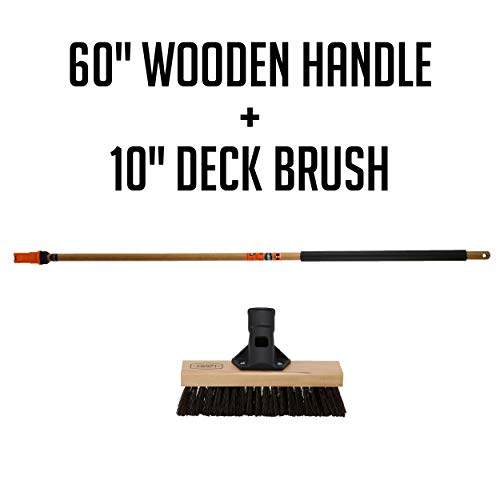 SWOPT 10â Premium Rough Surface Scrub Brush + 60" EVA Foam Comfort Grip Wooden Handle, Combo â Stiff Bristle Cleaning Brush with Interchangeable Long Handle â Clean Outdoor Surfaces Comfortably