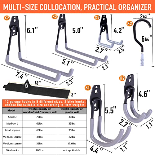 Garage Hooks, 14 Pack Heavy Duty Garage Storage Hooks Wall Mount Utility Hook Steel Double Tool Hangers with Bike Hooks for Hanging and Organizing Ladder Bicycle Stroller, Garden Tools, Bulk Items