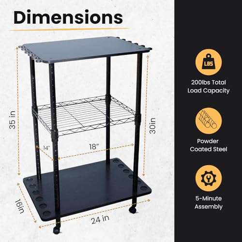 Rush Creek Creations 12 Fishing Rod Tackle Cart - 5 Minute Assembly, Black (40-0001)