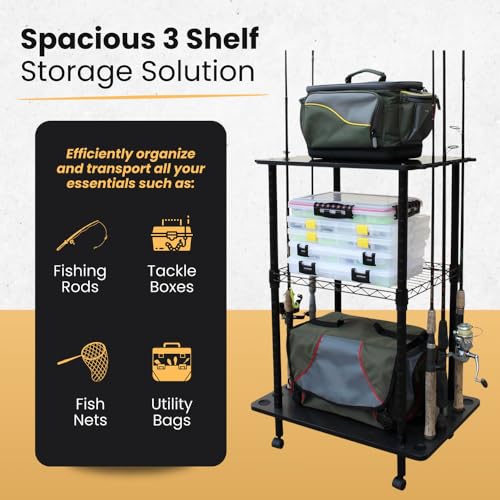 Rush Creek Creations 12 Fishing Rod Tackle Cart - 5 Minute Assembly, Black (40-0001)