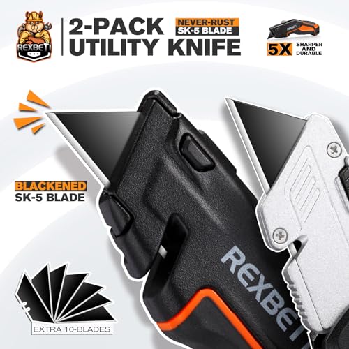REXBETI 2-Pack Utility Knife, SK5 Heavy Duty Retractable Box Cutter for Cartons, Cardboard and Boxes, Blade Storage Design, Extra 10 Blades Included