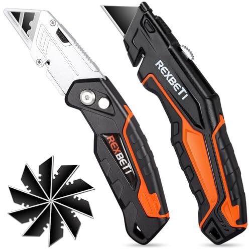 REXBETI 2-Pack Utility Knife, SK5 Heavy Duty Retractable Box Cutter for Cartons, Cardboard and Boxes, Blade Storage Design, Extra 10 Blades Included